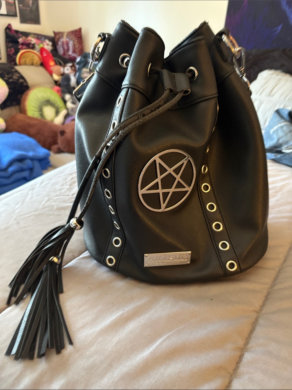 Killstar Black Faux-Leather Bucket Bag with Pentagram Hardware